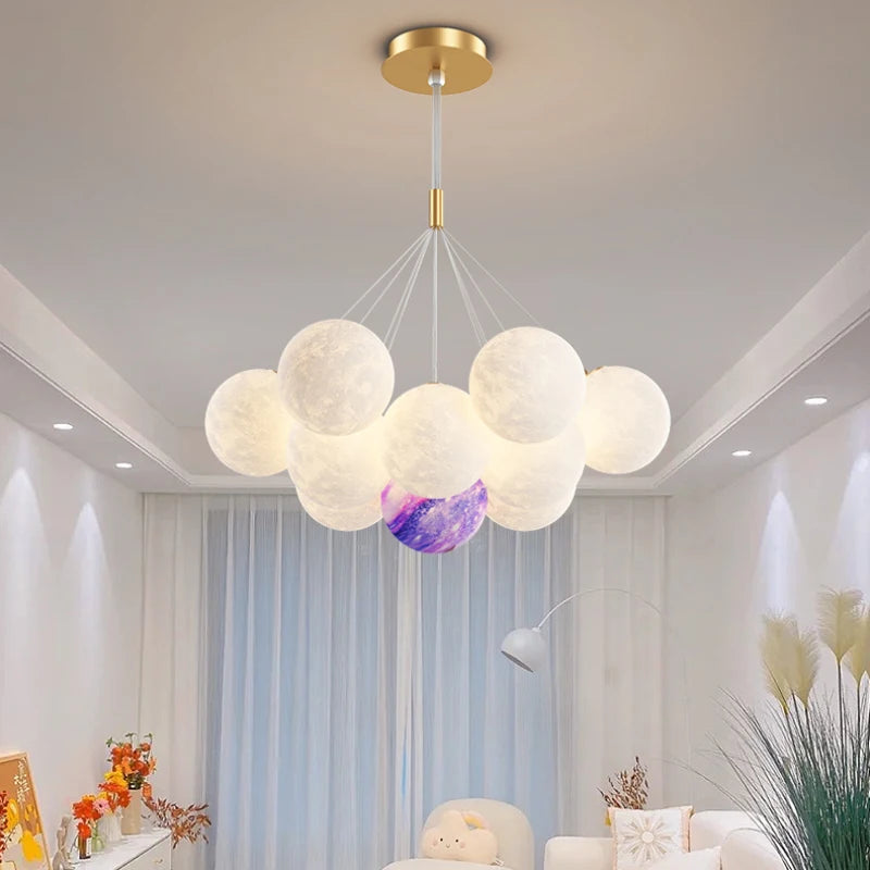 Children Chandelier Lights for Bedroom Living Room Lighting Modern Bubble Pendant Lamps 3D Printing Moon Sconces Remote Control