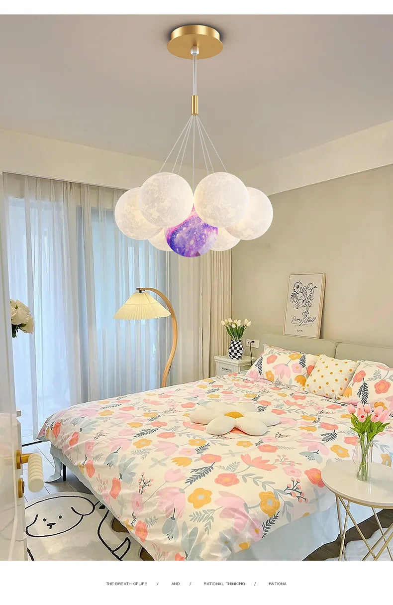Children Chandelier Lights for Bedroom Living Room Lighting Modern Bubble Pendant Lamps 3D Printing Moon Sconces Remote Control
