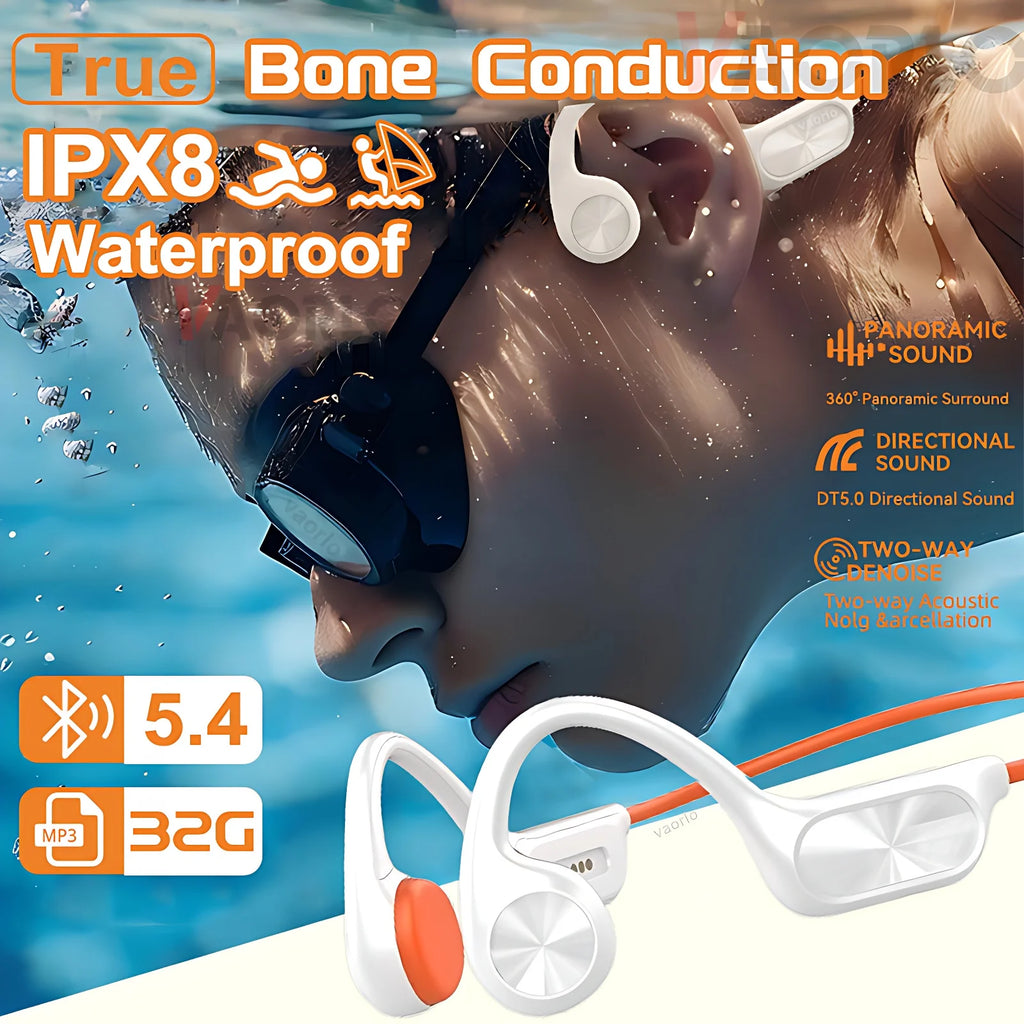 Bone Conduction Headphone Bluetooth 5.4+(32G)MP3 Bass Smart Voice Wireless Headset IPX8 Waterproof Swimming Earphone Multipoint