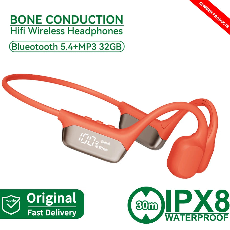 Bone Conduction Headphone Bluetooth 5.4+(32G)MP3 Bass Smart Voice Wireless Headset IPX8 Waterproof Swimming Earphone Multipoint